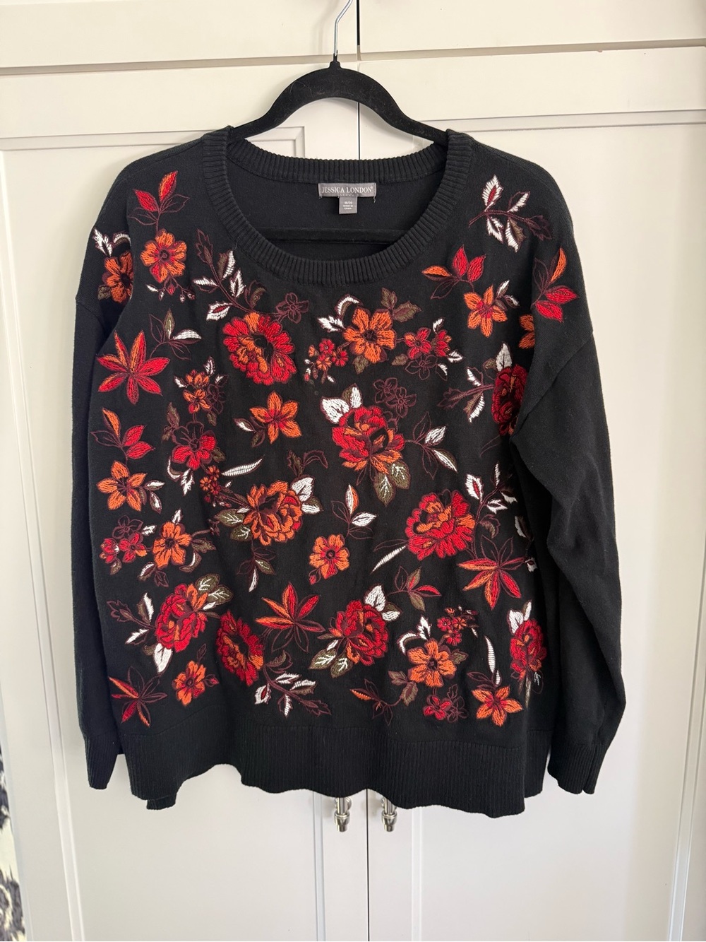 Jessica London Black Crewneck Sweater with Red & Orange Floral Embroidery